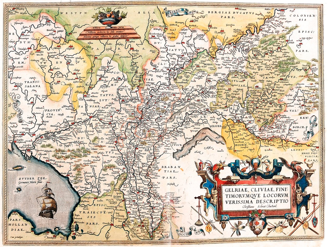 Gelriae, Cliviae, Finitimorum Qe Locos Verissima Descriptio Christiana Schrot Yazar Tarafından Abraham Ortelius (Oertel, Ortell veya Ortel) tarafından "Theatrum Orbis Terrarum" dan Alman Hollanda topraklarının coğrafya haritası by Abraham Ortelius