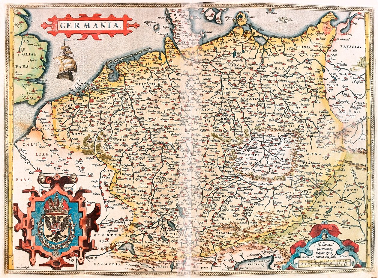 Germania (Kutsal Germen İmparatorluğu) bölgesinin Abraham Ortelius (Oertel, Ortell veya Ortel) tarafından yazılan “Theatrum Orbis Terrarum”dan Germania Coğrafya haritası by Abraham Ortelius