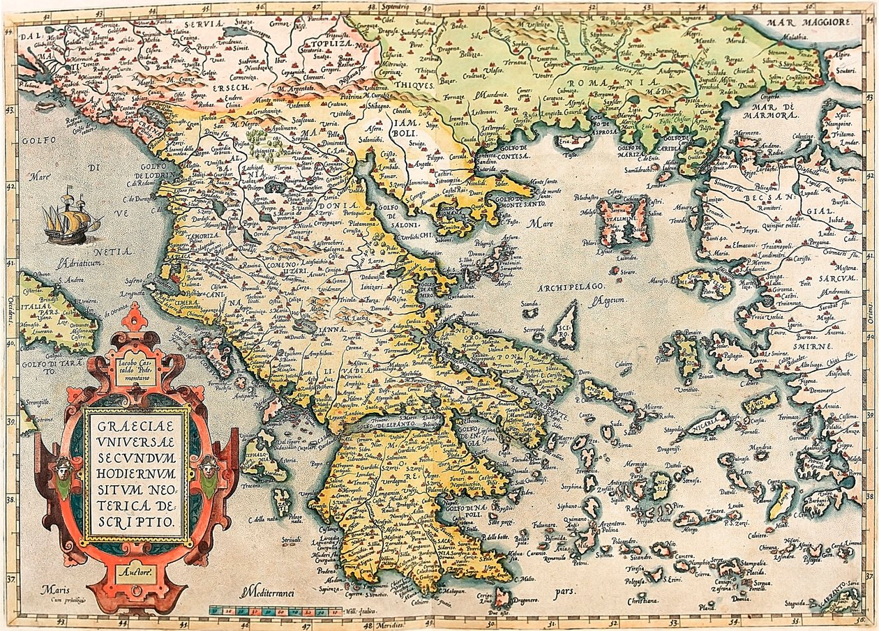 Peloponnese ve Abraham Ortelius (Oertel, Ortell veya Ortel) tarafından "Theatrum Orbis Terrarum" dan alınan adalar ile Yunanistan topraklarının coğrafya haritası by Abraham Ortelius