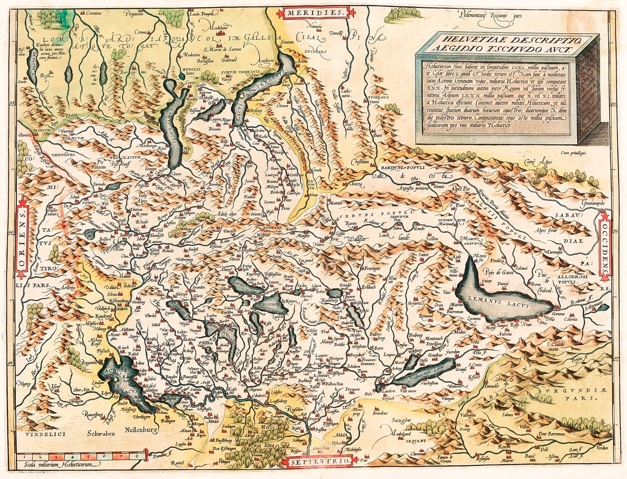 Helvetiae Açıklama Aegidius Tschudo Auct. Abraham Ortelius (Oertel, Ortell veya Ortel) tarafından "Theatrum Orbis Terrarum" dan göller de dahil olmak üzere İsviçre ve Fransız Alpleri