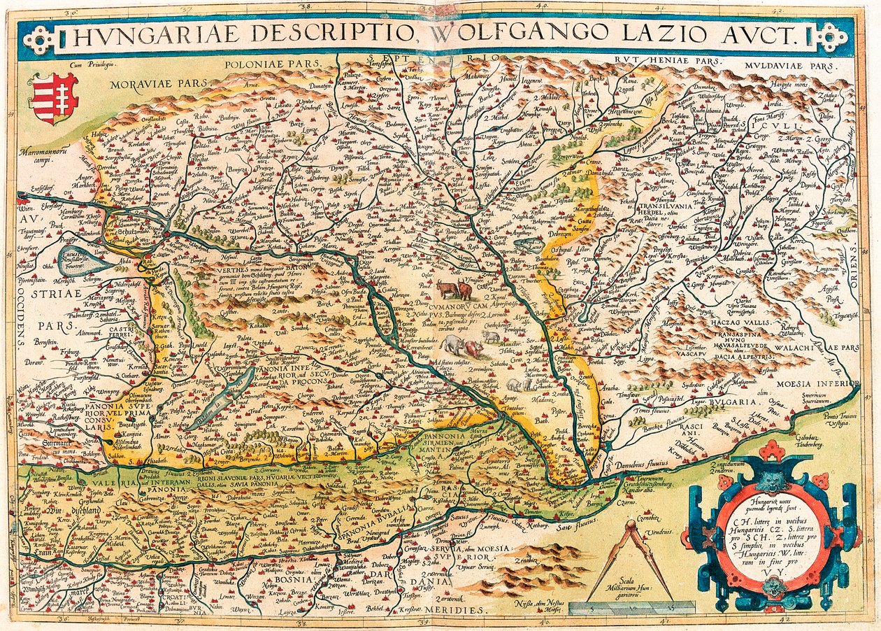 Macarca Açıklama, Wolfgango Lazio Auct. Abraham Ortelius (Oertel, Ortell veya Ortel) tarafından “Theatrum Orbis Terrarum” dan Macaristan topraklarının coğrafya haritası by Abraham Ortelius