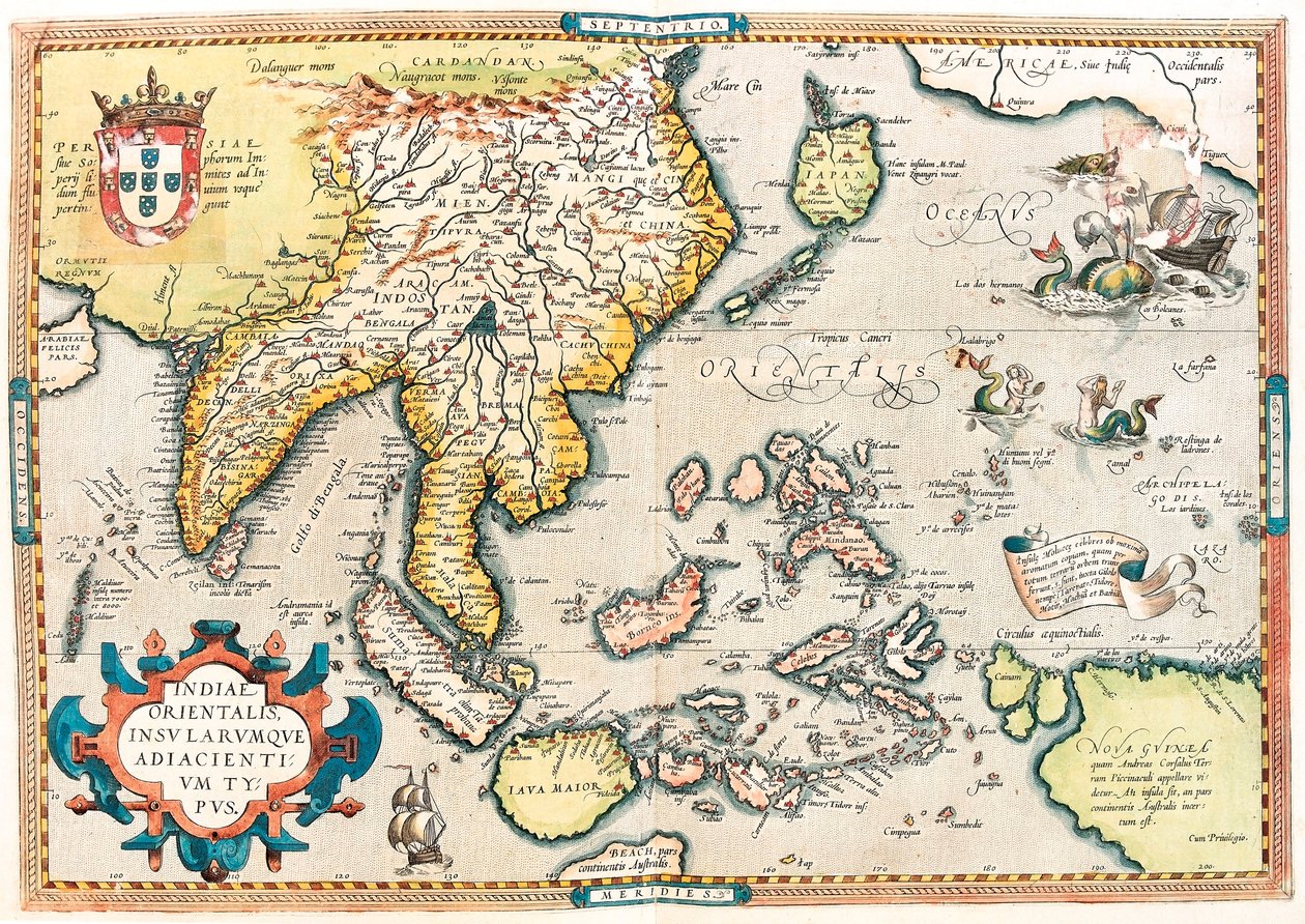 Doğu Hindistan Şirketi. Abraham Ortelius (Oertel, Ortell veya Ortel) tarafından "Theatrum Orbis Terrarum" dan Doğu Hindistan ve Güney Doğu Asya topraklarının coğrafya haritası by Abraham Ortelius