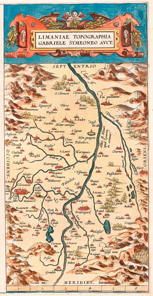 Limaniae, “Theatru”dan alınan, nehir kenarındaki kaleler ve kasabalar (Beaumont, Aigueperse, Clermont ve Montferan (Montferrand), Beauregard, Cignac, Montaigu, Puy Guillaume...) ile Loire bölgesinin Gabriele Symeoneo Avct Coğrafya haritası topografyası by Abraham Ortelius