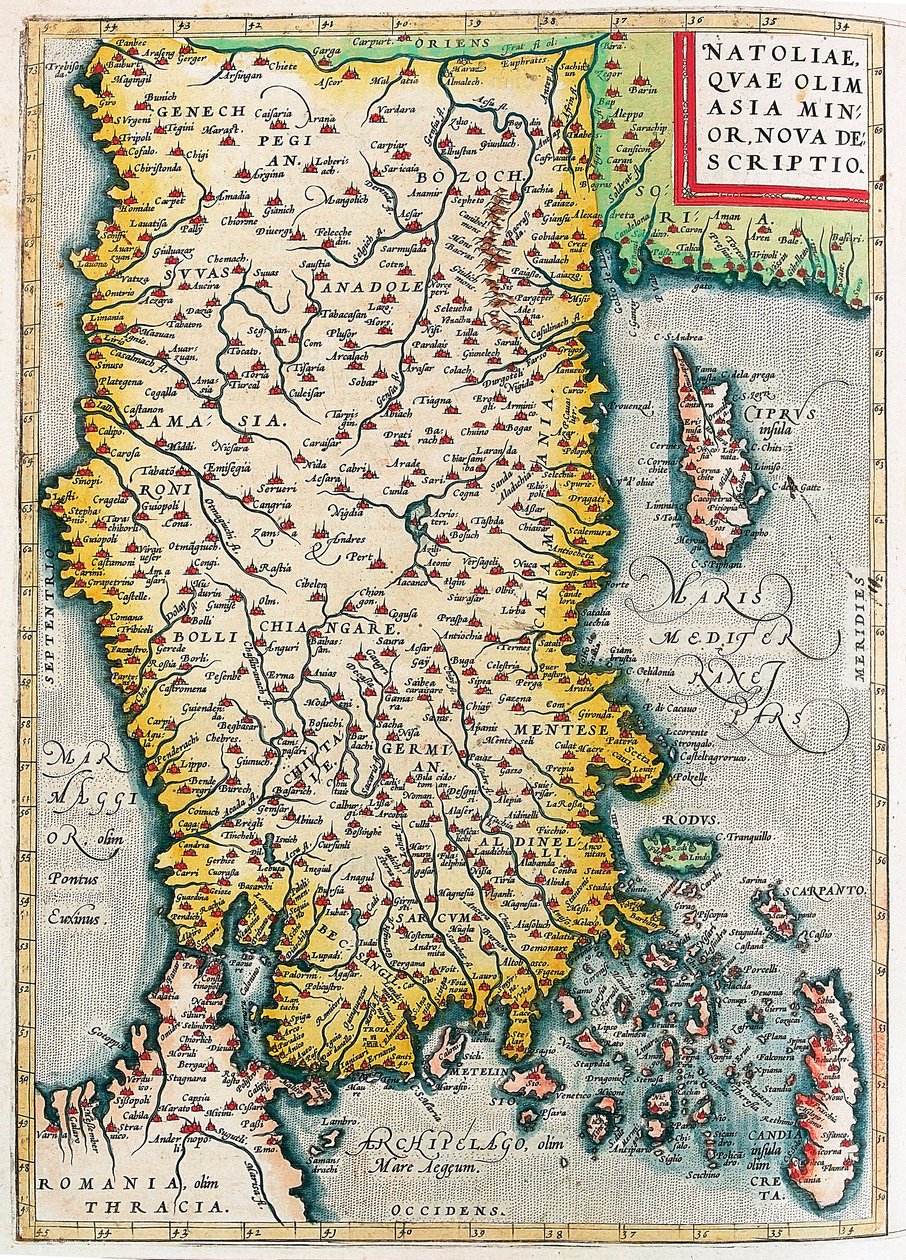 Natoliae, Quae Olim Asia Minor Nova Descriptio Abraham Ortelius (Oertel, Ortell veya Ortel) tarafından “Theatrum Orbis Terrarum”dan Küçük Asya topraklarının (İstanbul ve Rodos ve Kıbrıs adaları ile Türkiye) coğrafya haritası by Abraham Ortelius