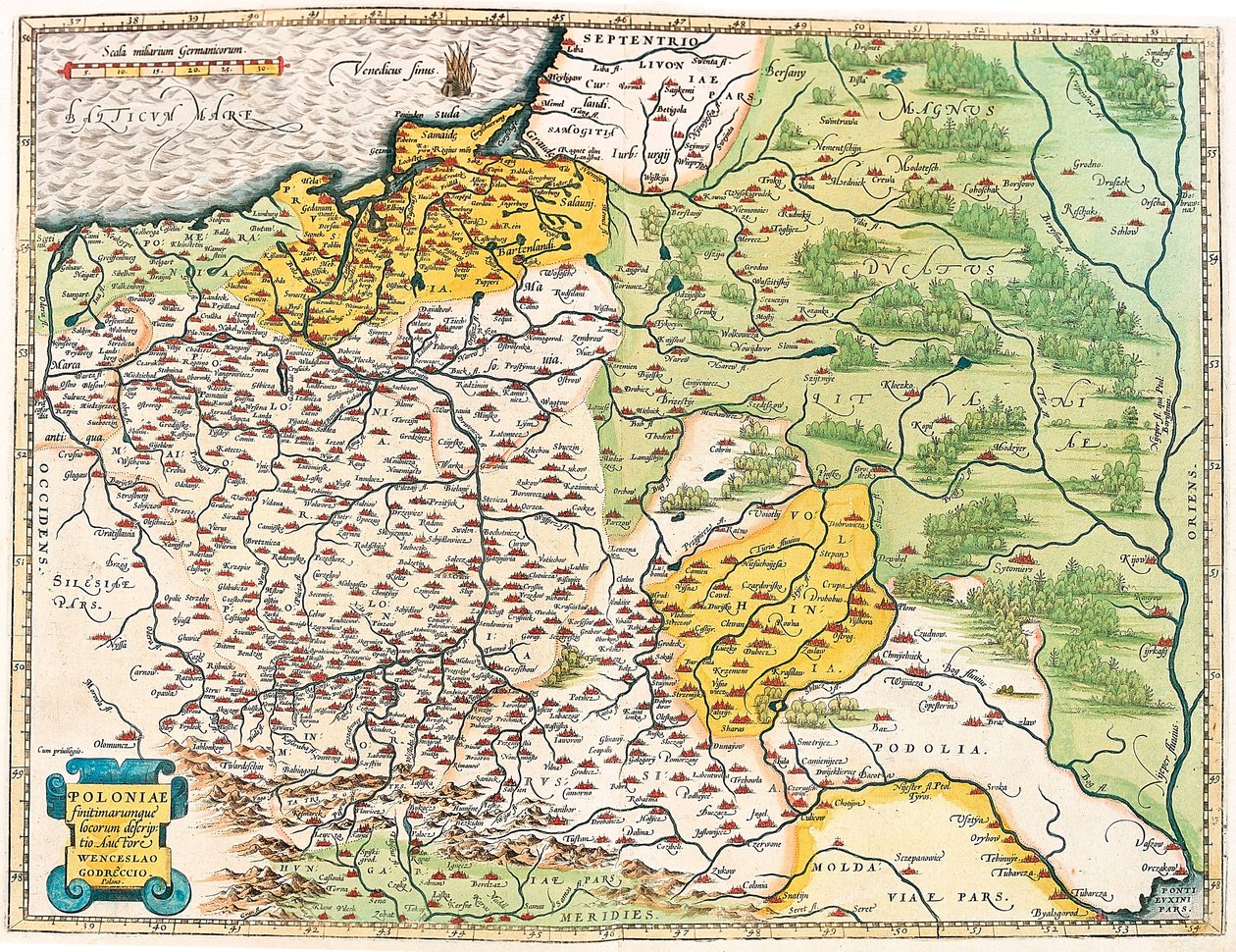Polonya ve komşu yerlerinin açıklaması. Abraham Ortelius (Oertel, Ortell veya Ortel) tarafından "Theatrum Orbis Terrarum" dan Polonya coğrafya haritası by Abraham Ortelius