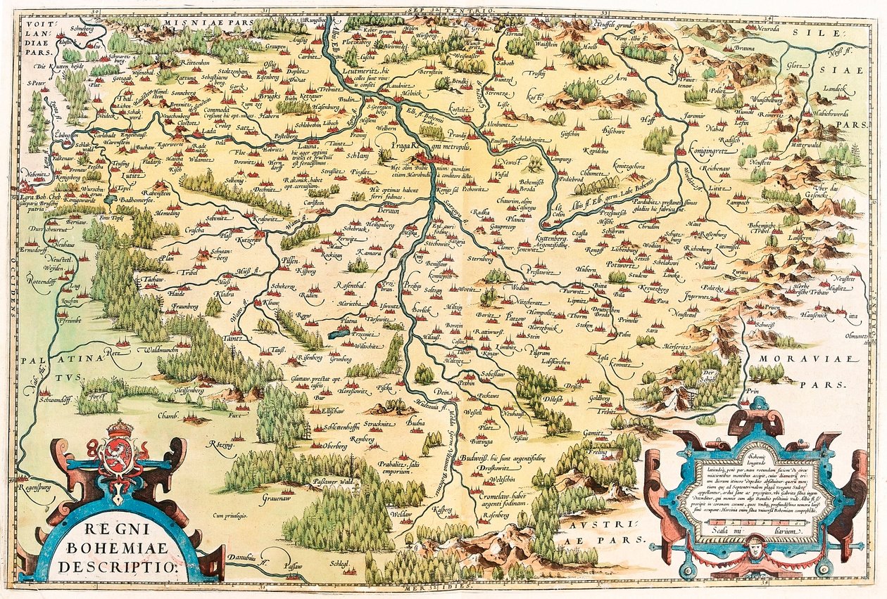 Bohemya Krallığının Açıklaması Abraham Ortelius (Oertel, Ortell veya Ortel) tarafından "Theatrum Orbis Terrarum"dan Boheme topraklarının coğrafya haritası by Abraham Ortelius
