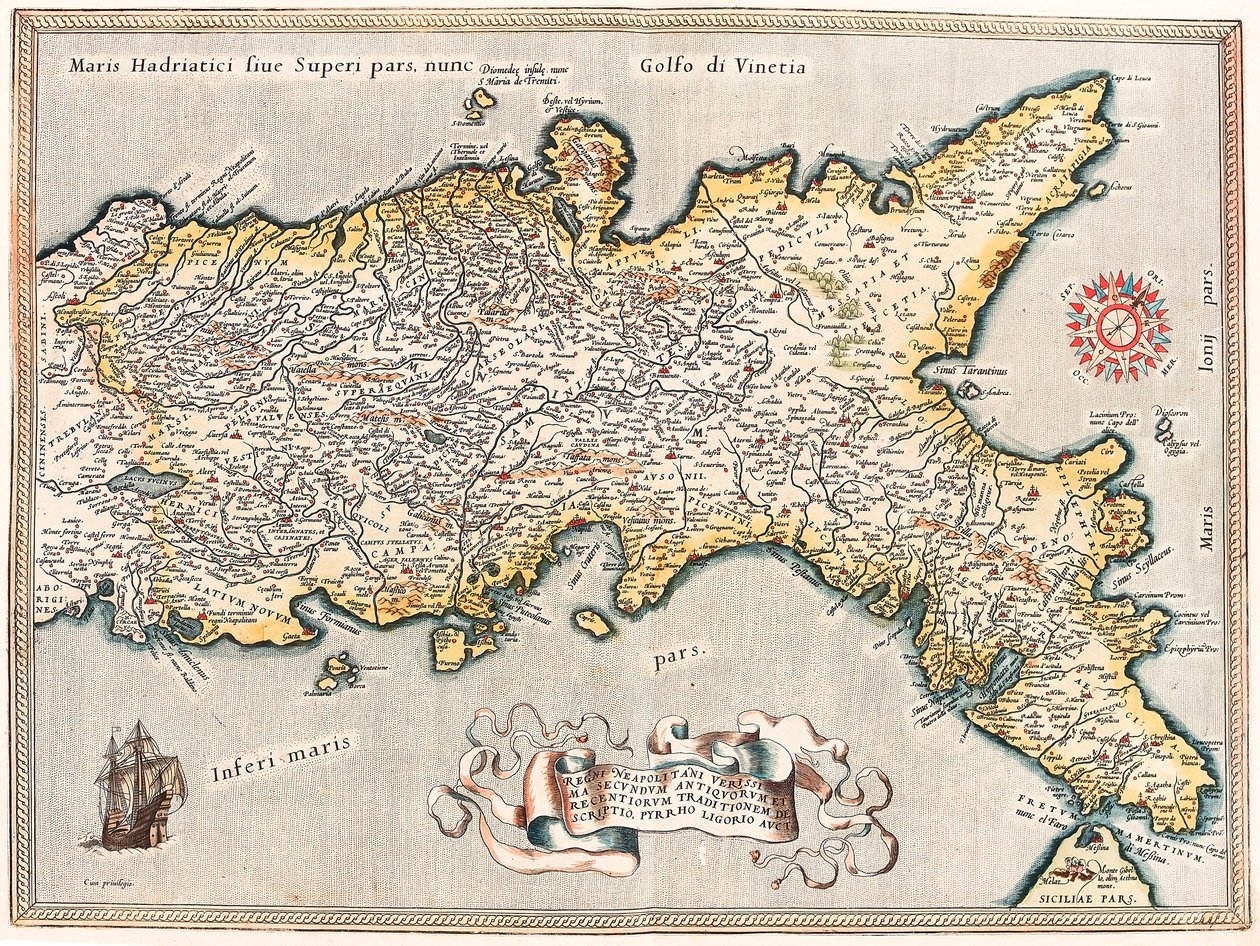 Eskilerin ve modernlerin geleneğine göre Napoliten saltanatının en doğru tanımı, Pyrrhus Ligorius auct tarafından. Abraham Ortelius (Oertel, Ortell veya Ortel) tarafından "Theatrum Orbis Terrarum" dan İtalya