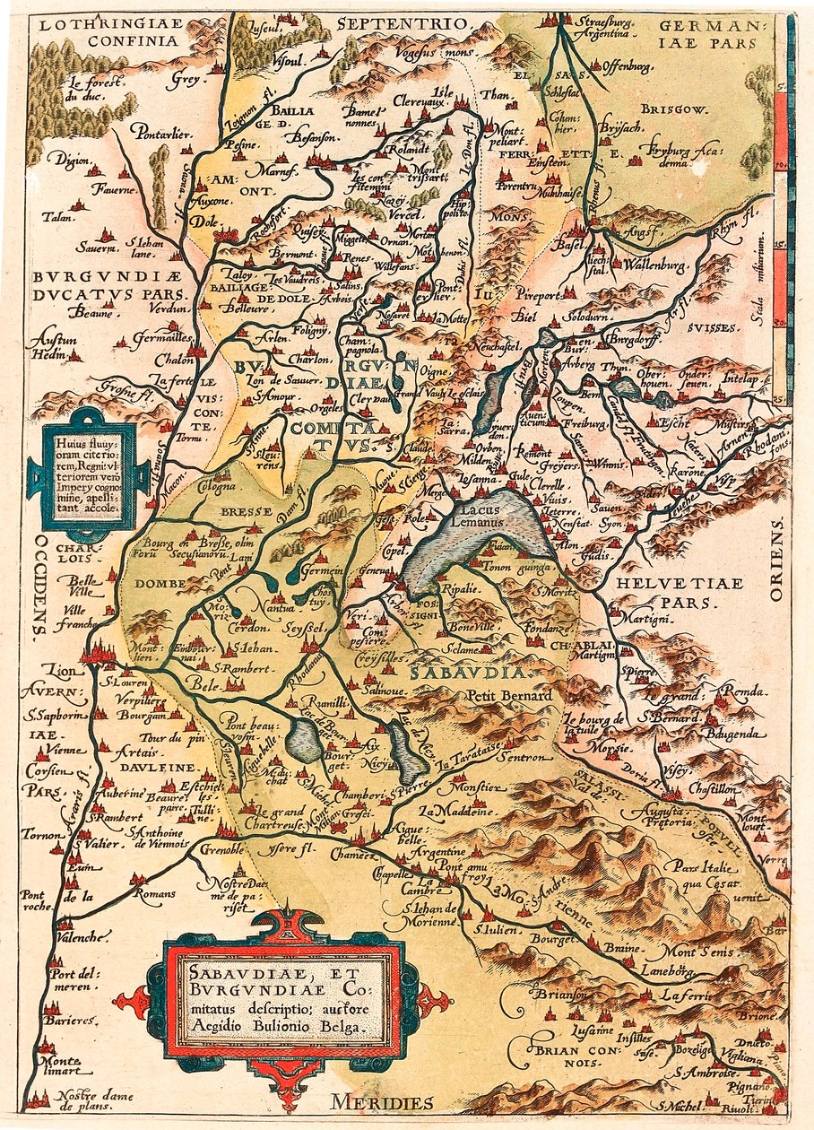 Savoy ve Burgundy açıklaması Abraham Ortelius (Oertel, Ortell veya Ortel) tarafından "Theatrum Orbis Terrarum"dan Burgonya ve Savoy bölgesinin (Pontarlier, Dijon, Lac Leman ve İsviçre) coğrafya haritası by Abraham Ortelius