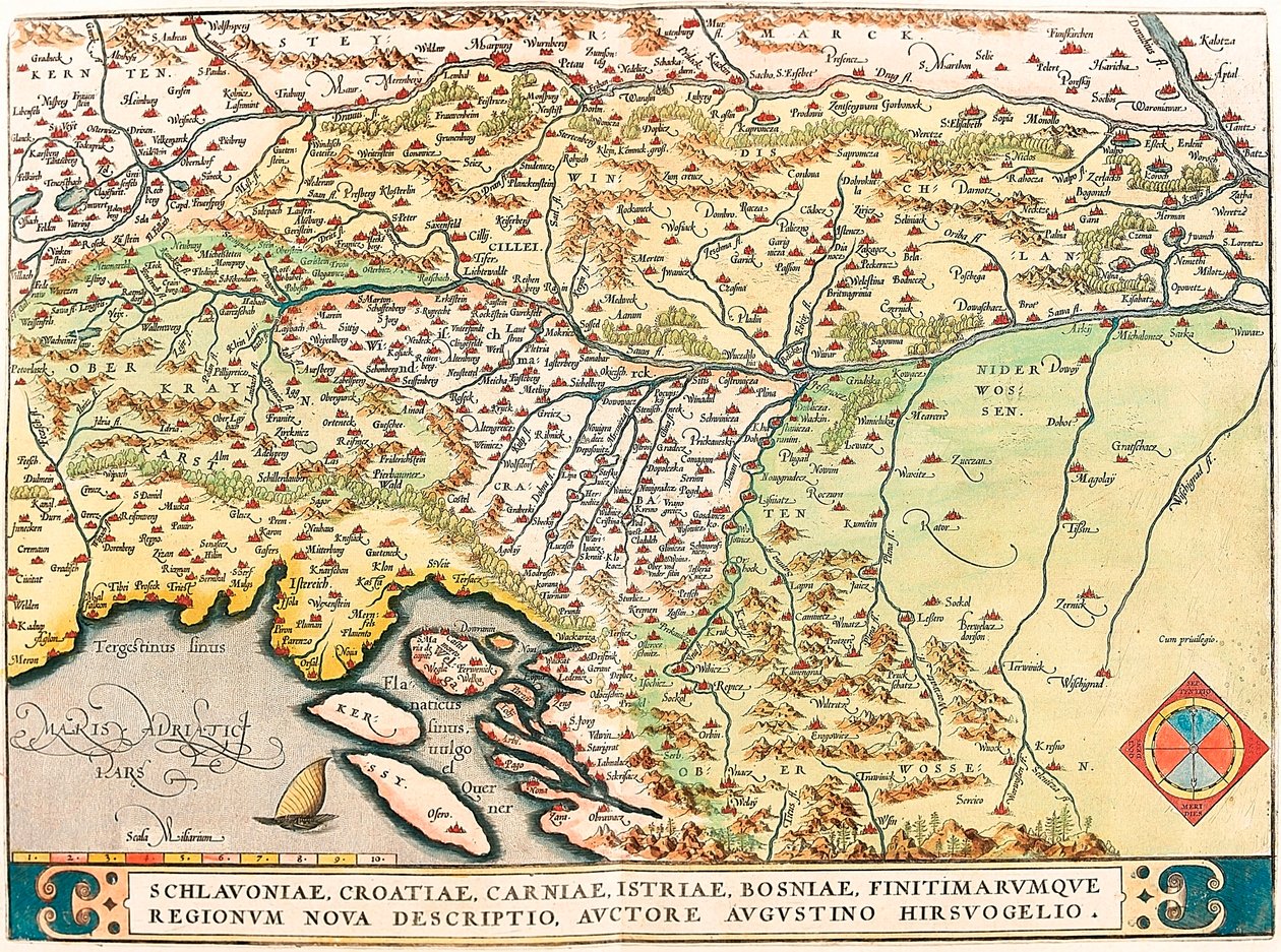 Schlavoniae, Hırvatistan, Carniae, Istria, Bosna, Bordereum Regionum Nova Descriptio, Authore Augustino Hirsuogelio Slavonia, Hırvatistan, Bosna ve Dalmaçya bölgelerinin Coğrafya haritası, Abraham Ortelius tarafından "Theatrum Orbis Terrarum"dan by Abraham Ortelius