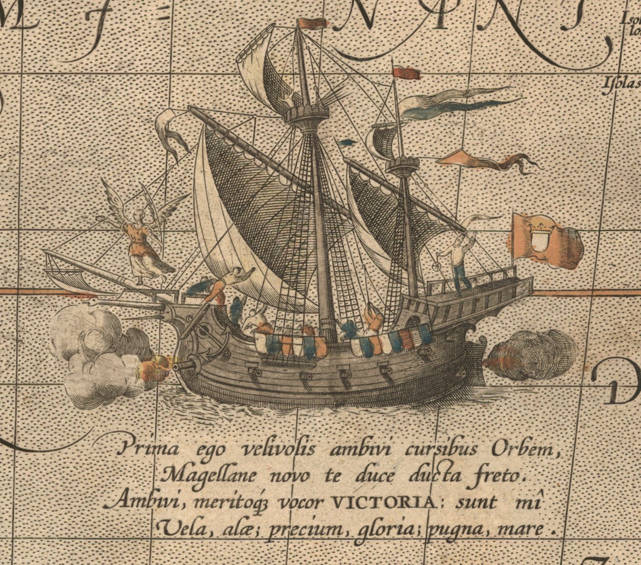 Victoria, bir İspanyol karak, Ferdinand Magellans Armada de Molucca gemisi. Avustralya Maris Pasifik by Abraham Ortelius