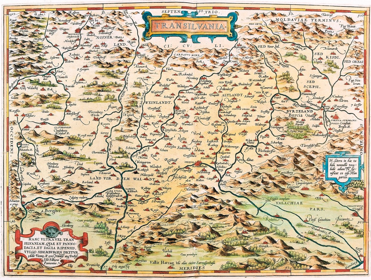 Abraham Ortelius (Oertel, Ortell veya Ortel) tarafından “Theatrum Orbis Terrarum”dan Transilvanya bölgesinin (Transilvanya) Transilvanya Coğrafya haritası by Abraham Ortelius