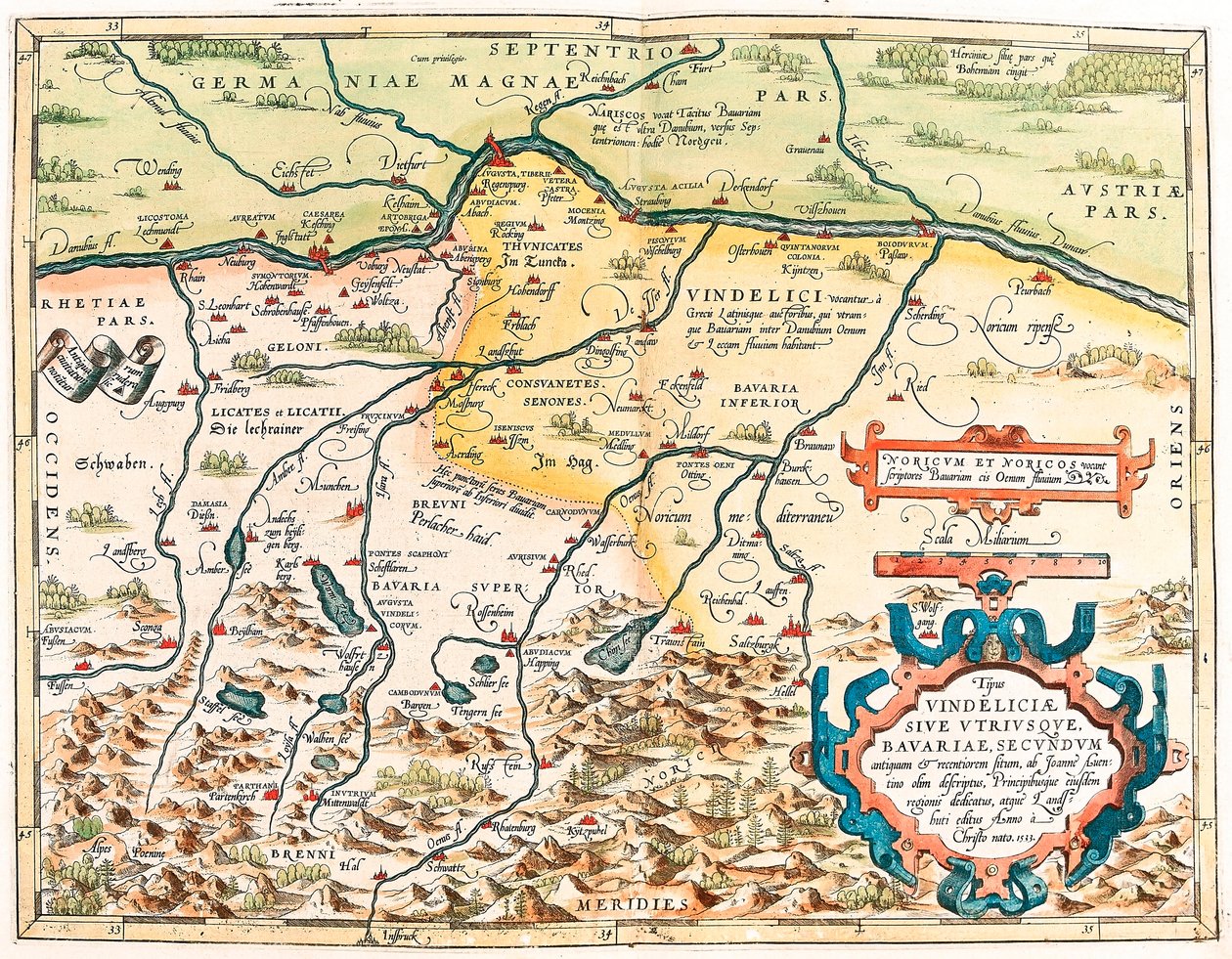 Typus Vindeliciae Ssive Her ikisi de Bavyera: John Aventine tarafından anlatılan eski ve modern bir siteye göre... Abraham Ortelius (Oertel, Ortell veya Ortel) tarafından yazılan "Theatrum Orbis Terrarum"dan Almanya