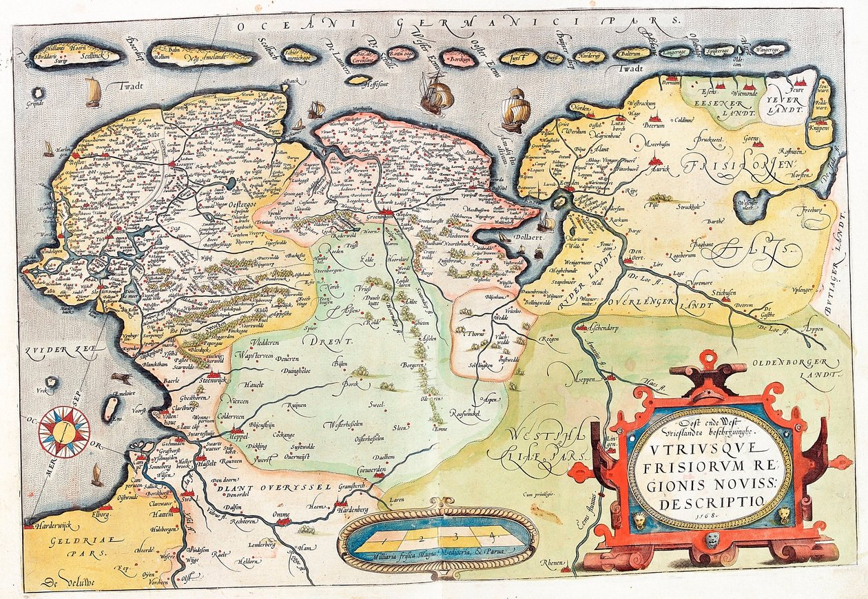 Utriusque Frisiorum bölgesi yenidir. descriptio Groningen (Groeningen) ve Leeuwarden şehirleriyle birlikte Hollanda topraklarının coğrafya haritası... Abraham Ortelius (Oertel, Ortell veya Ortel) tarafından “Theatrum Orbis Terrarum”dan alınmıştır. by Abraham Ortelius