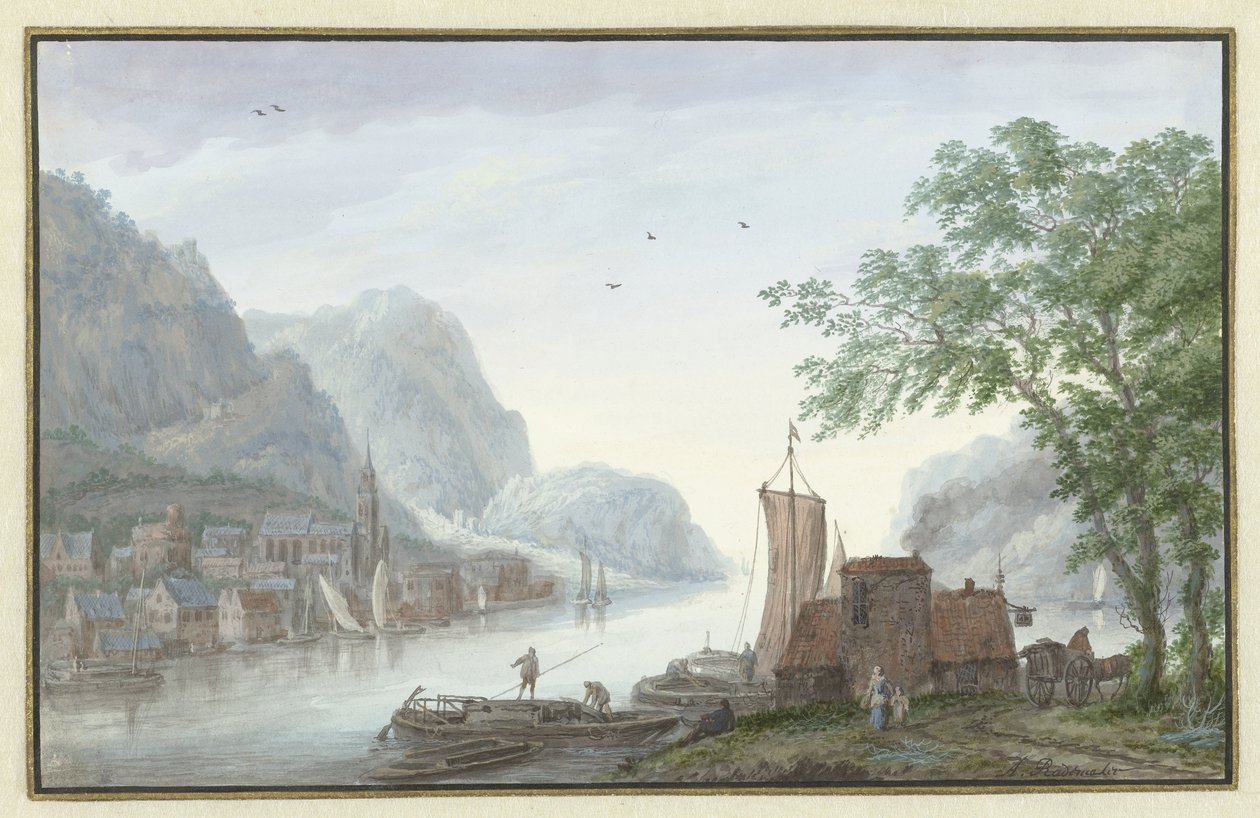Nehir üzerinde bir köy manzaralı dağlık manzara by Abraham Rademaker