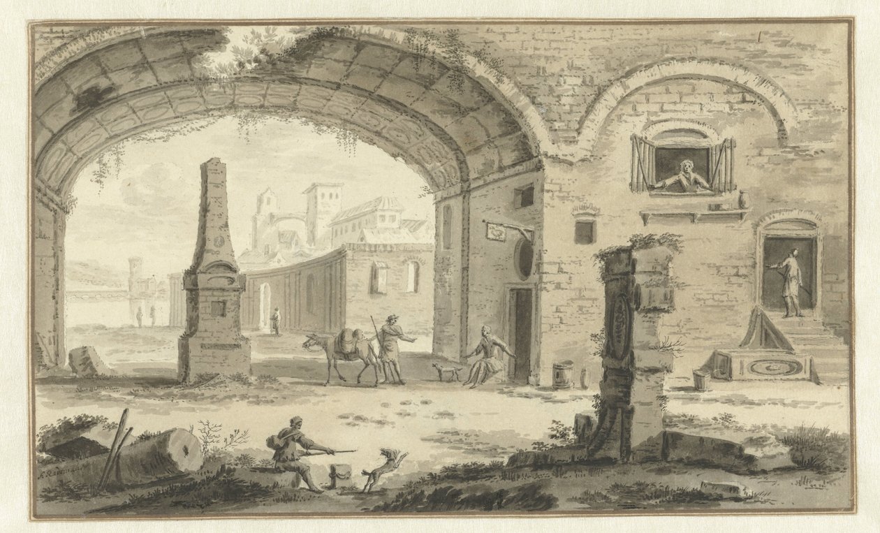Klasik binalar ve bir kemerin altında bir manzara ile hayali İtalyan şehir manzarası by Abraham Rademaker