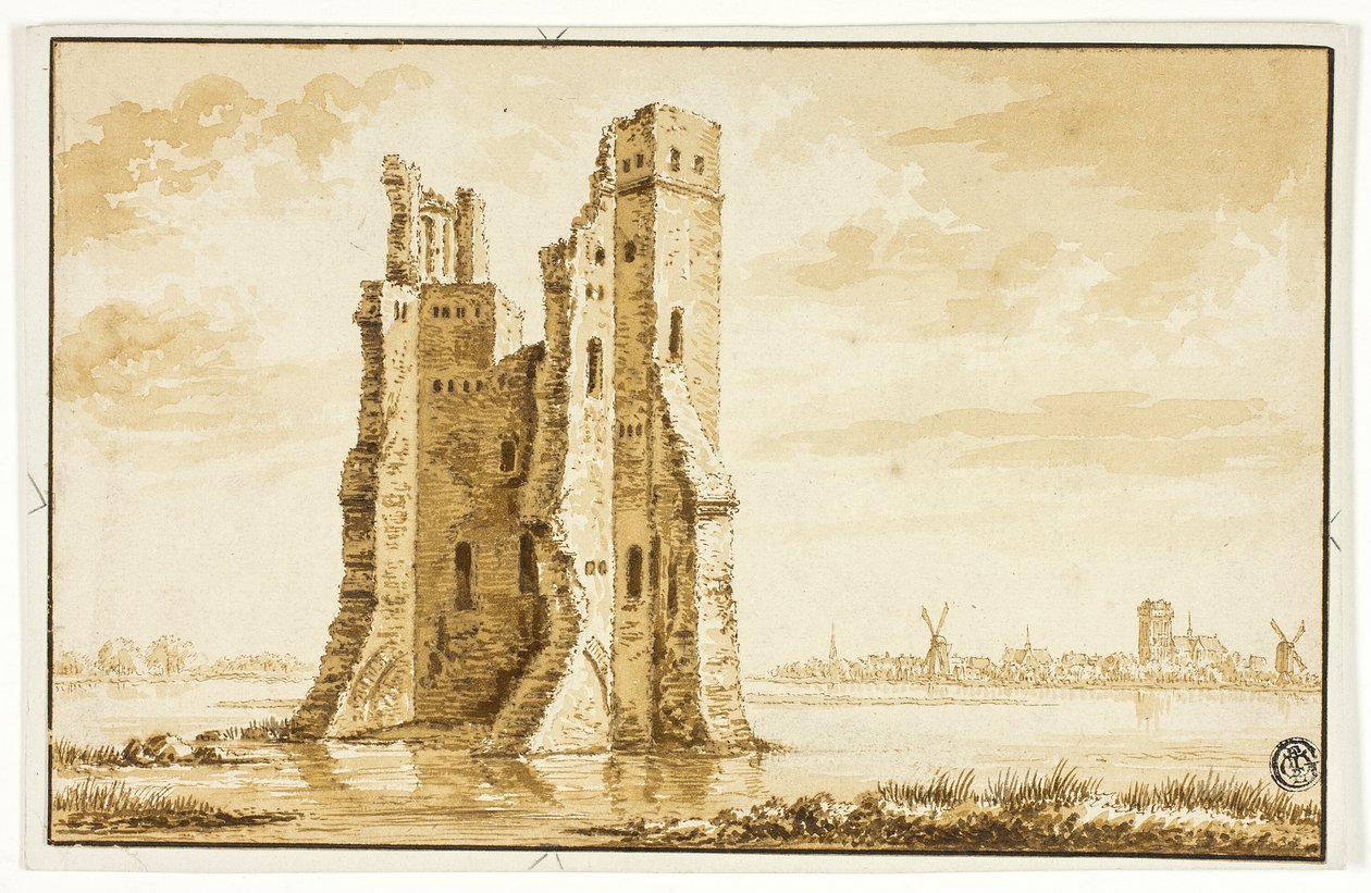 Arka planda Dordrecht ile cepheden görülen Merwede Malikanesi Harabeleri by Abraham Rademaker
