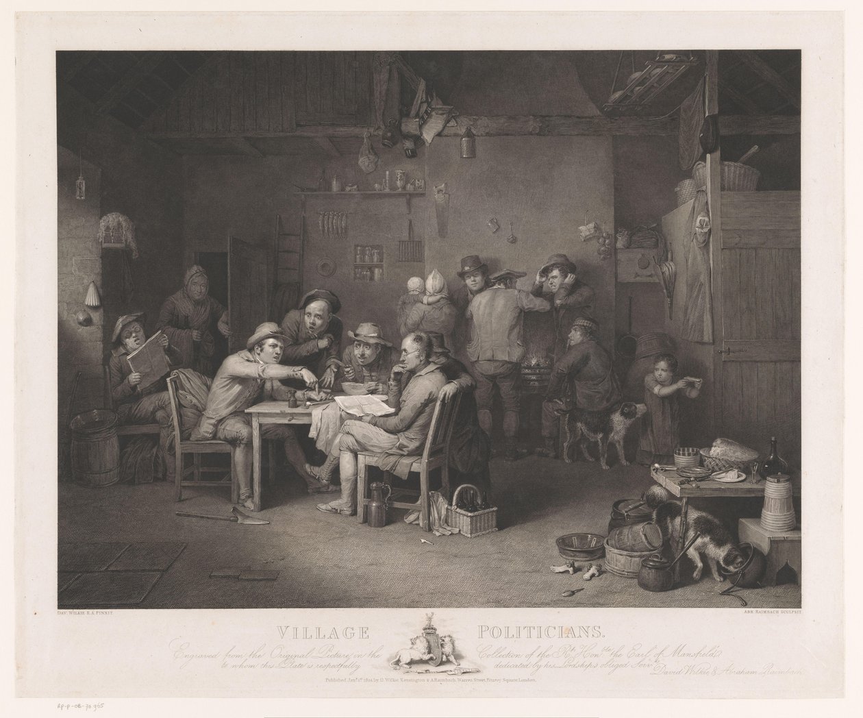 Bir masanın etrafında tartışan erkeklerle iç mekan Köy Politikacıları (nesne üzerindeki başlık) by Abraham Raimbach
