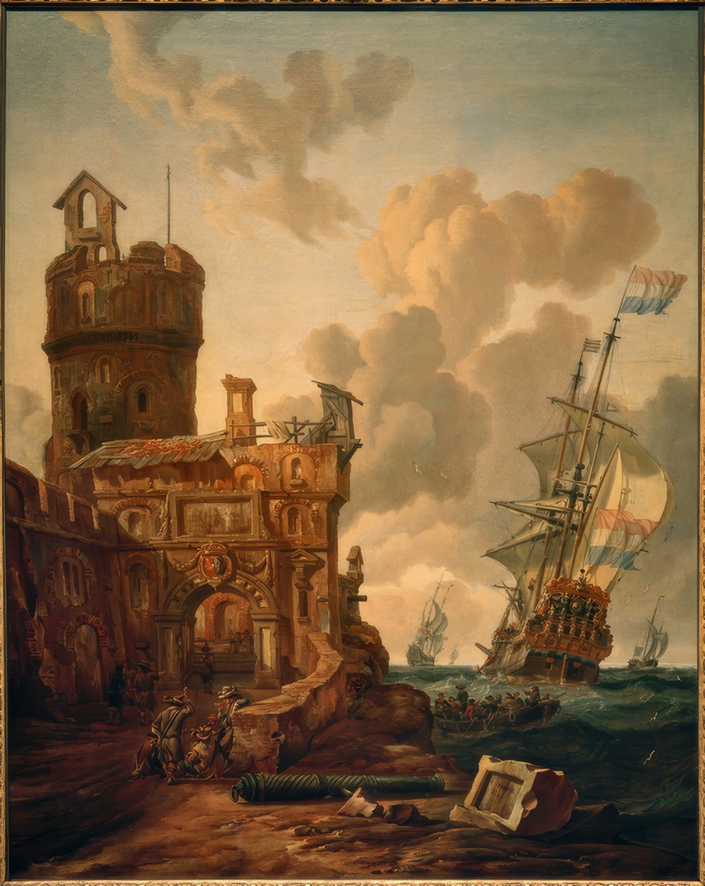 Bir kalenin önünde Hollanda gemisi by Abraham Storck
