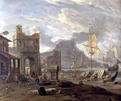 Büyük ve Küçük Gemilerin Bulunduğu Deniz Limanı by Abraham Storck