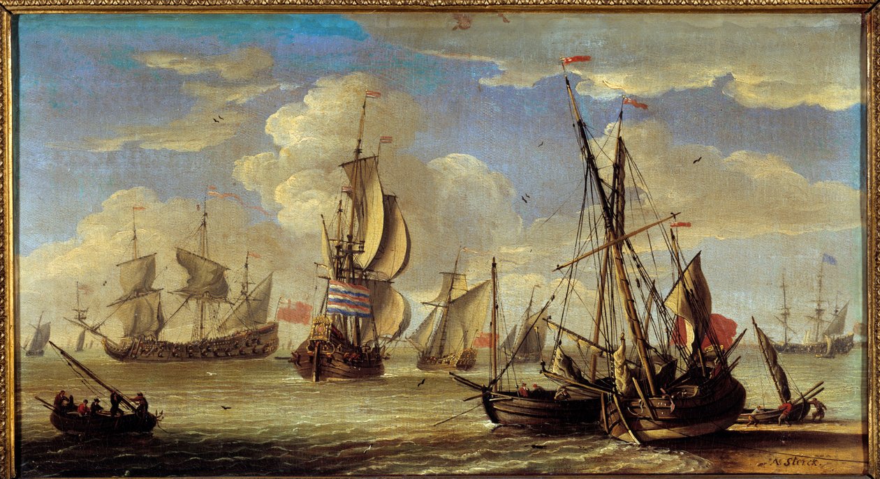 Denizde gemiler ve tekneler Paintrue by Abraham Storck (1635-1710) (ec.holl.) 17. yüzyıl Güneşi. 0,22x0,41m. . by Abraham Storck