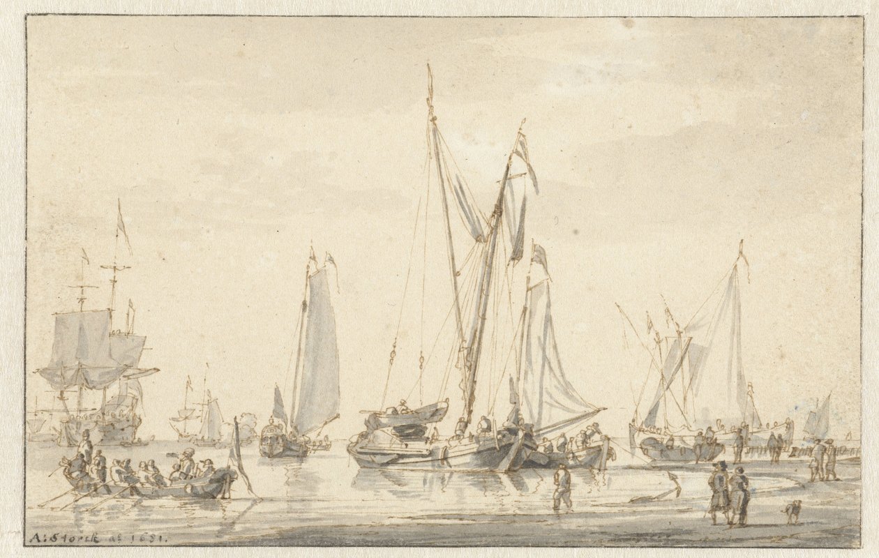 Demirli gemilerle sahil manzarası by Abraham Storck