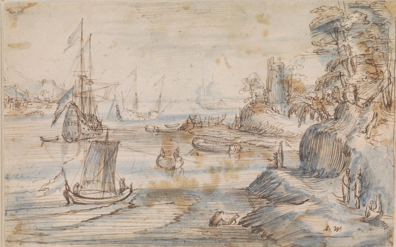 Birkaç gemi ile kıyı manzarası, birkaç figürlü yüksek bir sahil by Abraham Willaerts