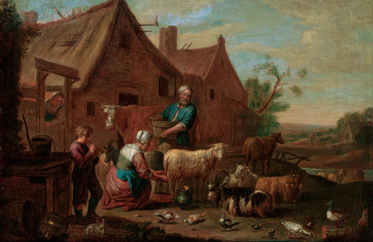 Çiftlik Avlusunda Sığır, Koyun ve Keçili Köylü Ailesi (tuval üzerine yağlı boya) by Abraham Willemsens