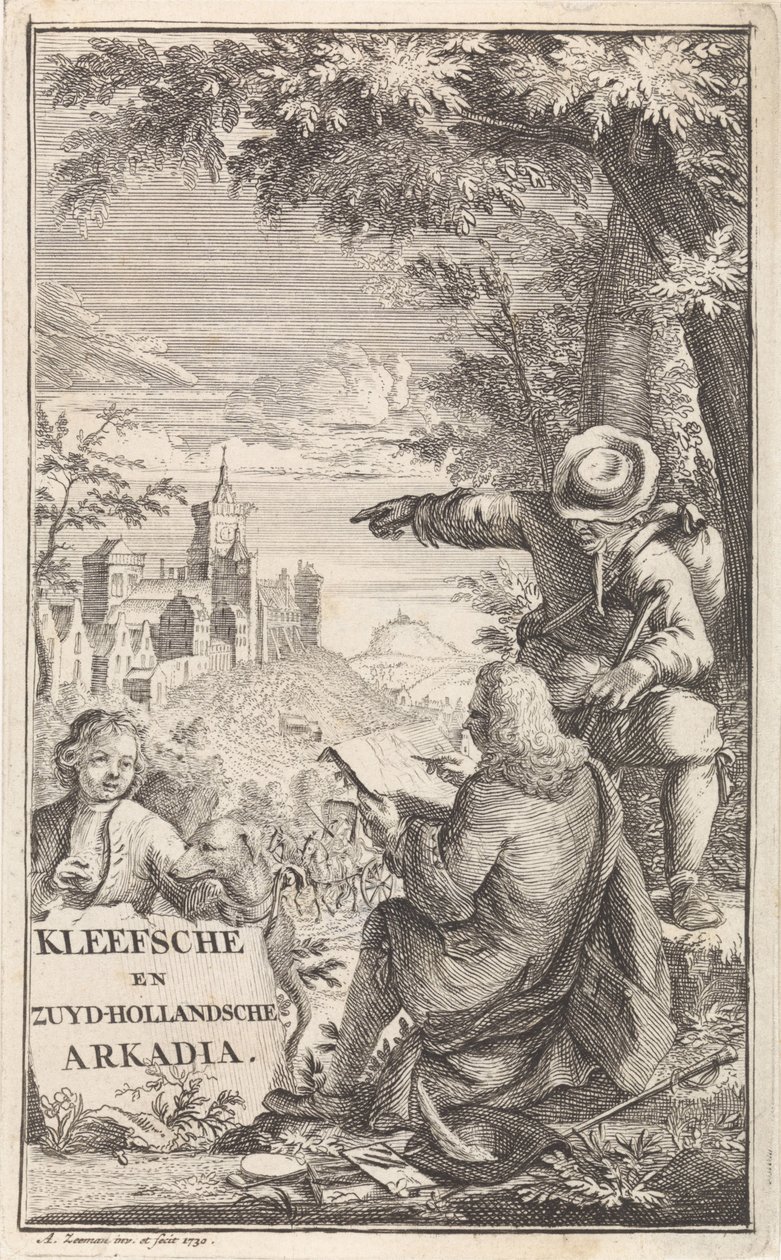 Gezgin Cleves şehrini çizer Başlık sayfası: C. Bruin, Kleefsche ve Zuid-Hollandsche Arkadia (...), 1730 by Abraham Zeeman
