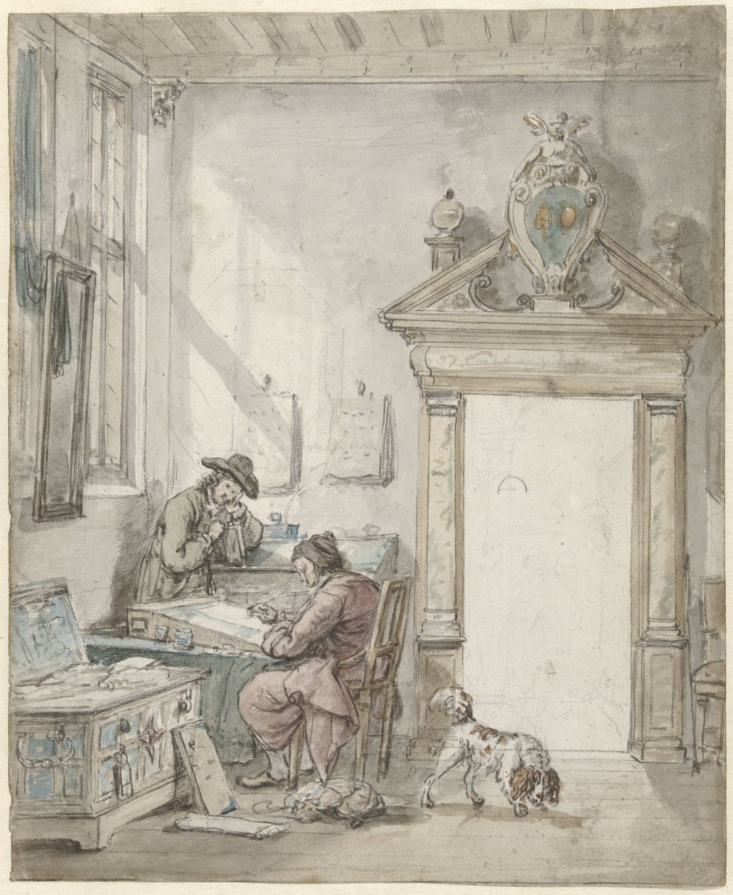 Masa başında yazı yazan bir adamla iç sahne by Abraham van Strij (I)
