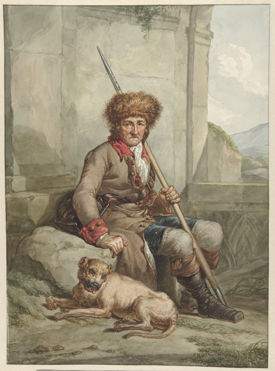Kürk şapka, mızrak ve mera çantası ile oturan avcı by Abraham van Strij (I)