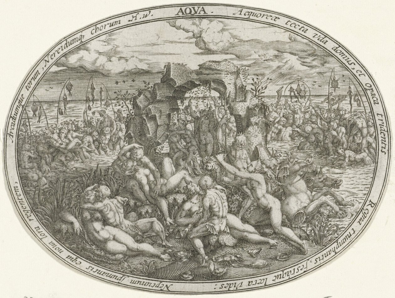 Nereidler ve Tritonlarla Neptün: Su Elementi Aqua (nesne üzerindeki başlık) Dört Element (dizi adı) by Abraham van den Hecken