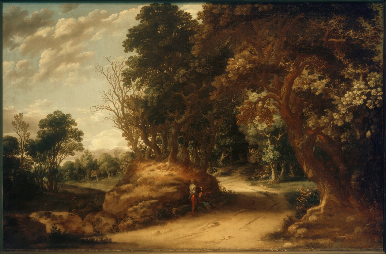 Dinlenme yürüyüşçüleri ile ormanlık manzara by Abraham van den Rande