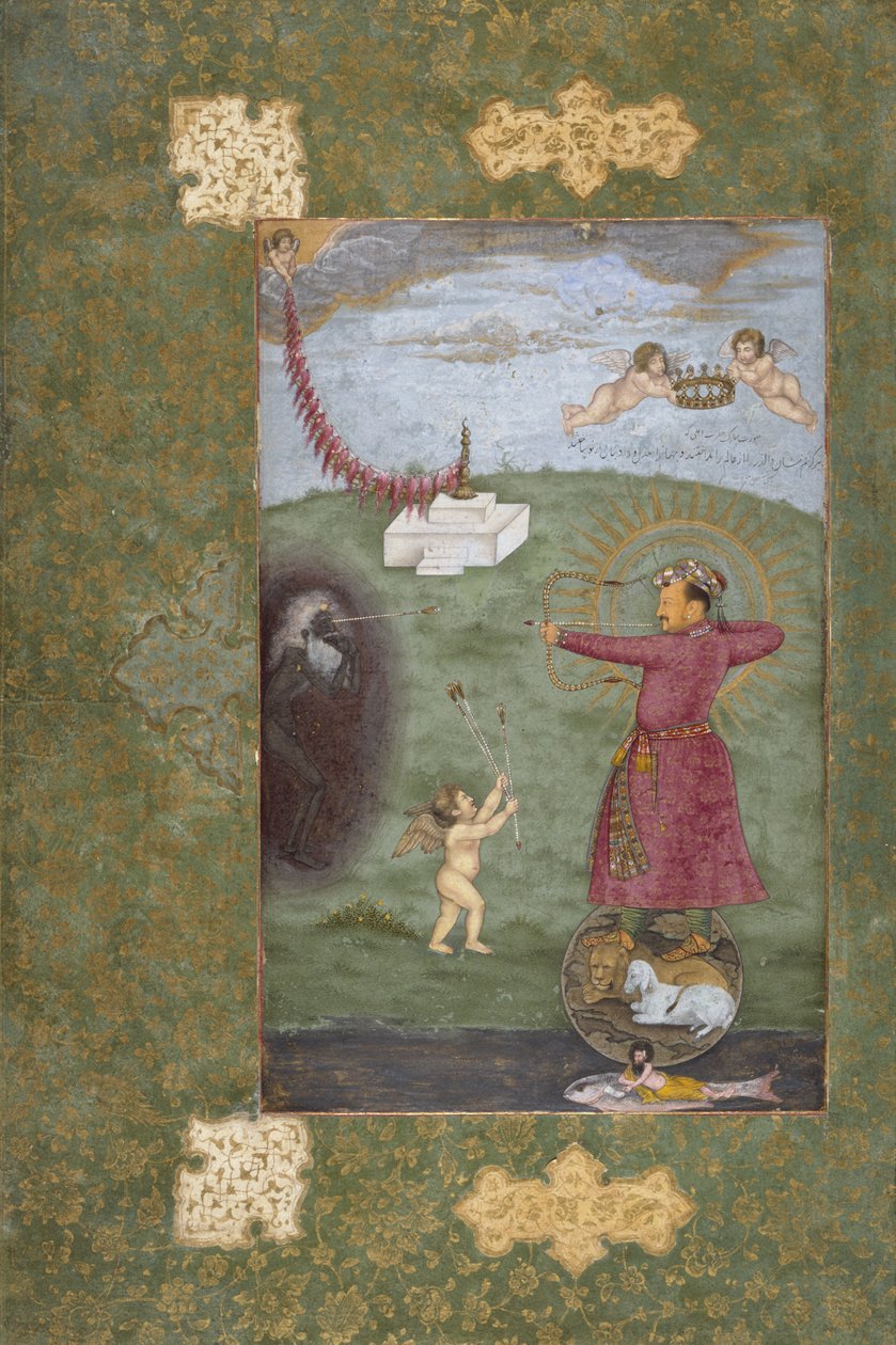 İmparator Cihangir Yoksulluğa Karşı Zafer Kazanıyor, c.1620-25 (opak suluboya, altın ve kağıt üzerine mürekkep) by Abul Hasan