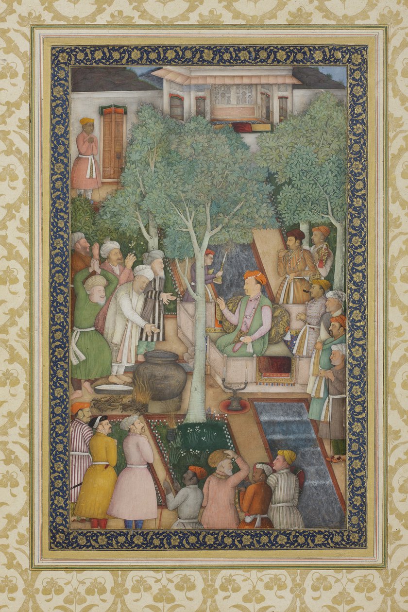 İmparator Cihangir, Kutsal Adamlarla Bahçede, c.1615 (kağıt üzerinde opak wc ve altın) by Abul Hassan Ghaffari