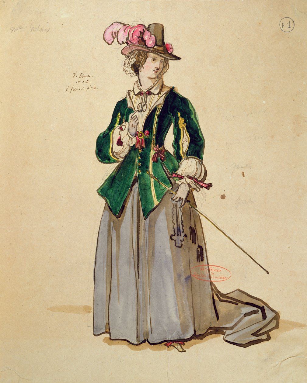 Comedie Francaise'de Moliere (1622-73) tarafından 1847'de yapılan 'Don Juan' yapımında Dona Elvire için kostüm tasarımı (kağıt üzerinde kalem ve mürekkep ve tuvalet) by Achille Devéria