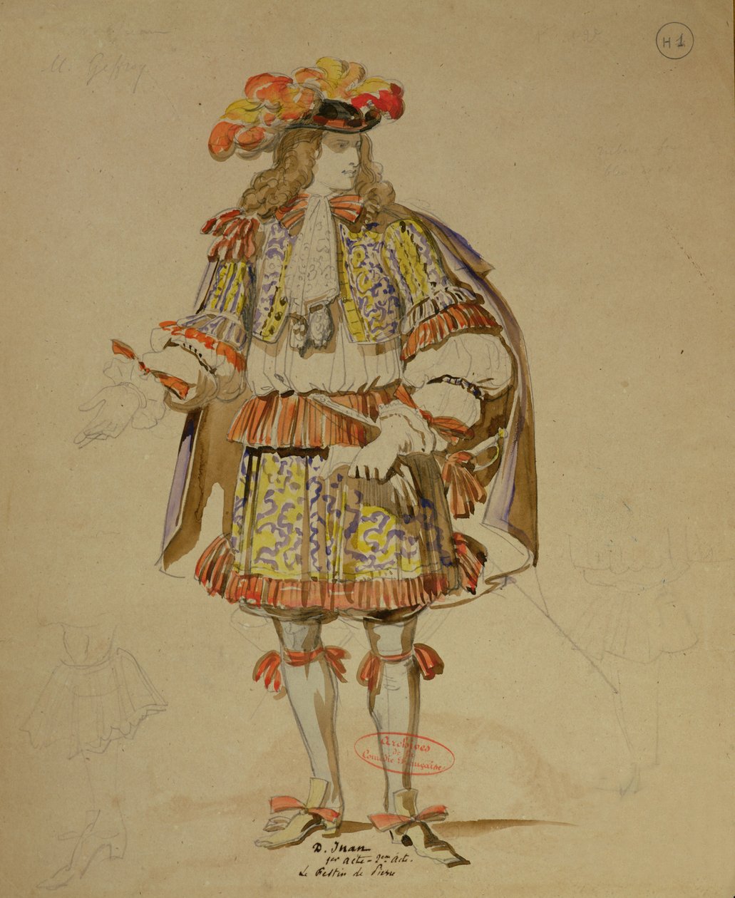 Comedie Francaise'de Moliere (1622-73) tarafından 1847'de yapılan 'Don Juan' yapımı için kostüm tasarımı (kağıt üzerinde kalem ve mürekkep ve tuvalet) by Achille Devéria