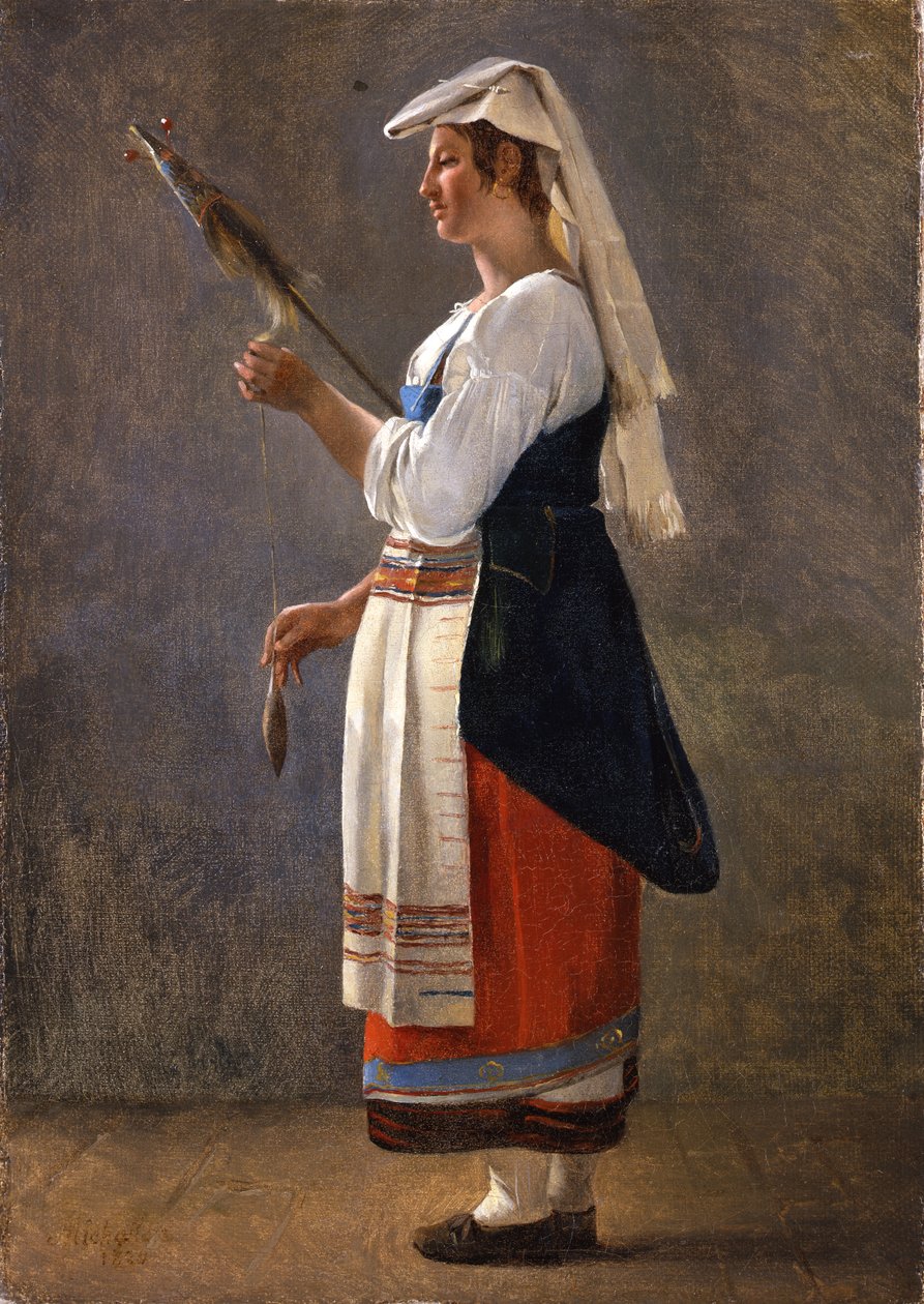 Bir çift İtalyan çalışmasından biri: An Italian Peasant Spinning, 1820 (tuval üzerine serilen kağıt üzerine yağlı boya) by Achille Etna Michallon