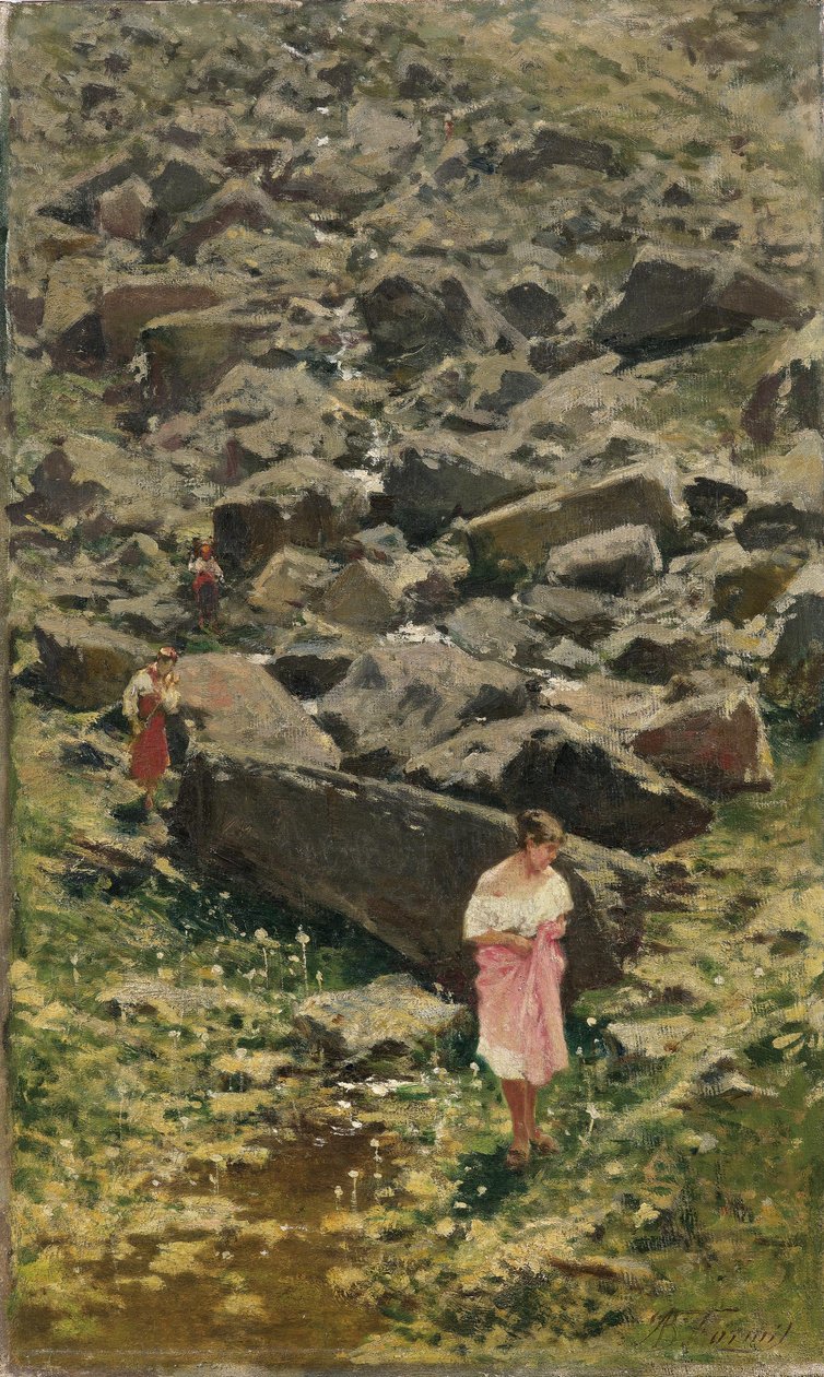 Dere kıyısında genç kadınlarla kayalık manzara by Achille Formis Befani
