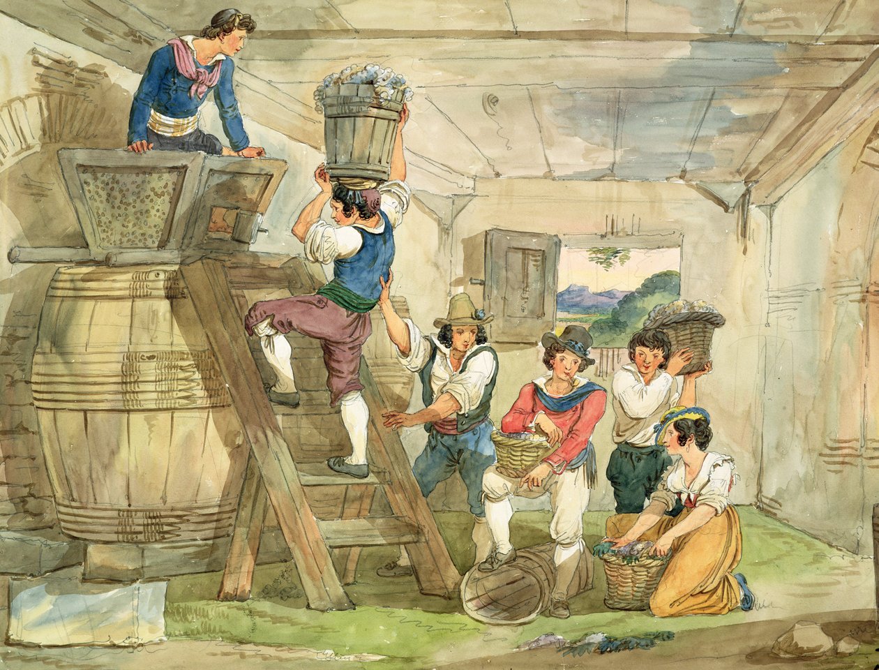 Üzümleri matbaa taşıyan üzüm toplayıcılar (kağıt üzerine kalem ve mürekkep ve wc) by Achille Pinelli