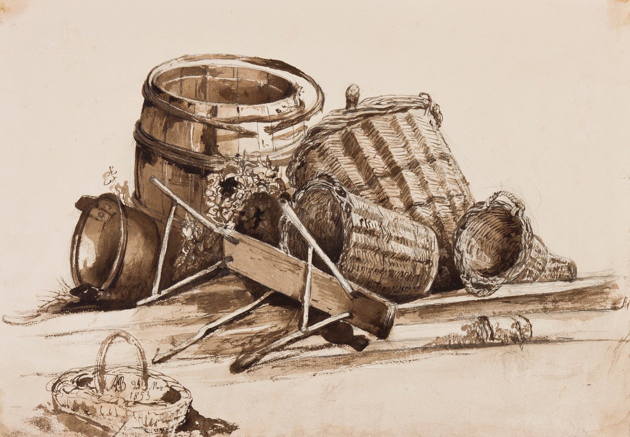 Sepetler, fıçılar ve tezgah, eklemeler Prens Alfonso Maria di Borbone (1841-1934), 1853 (kağıt üzerinde kurşun kalem ve sepya yıkama) by Achille Vianelli