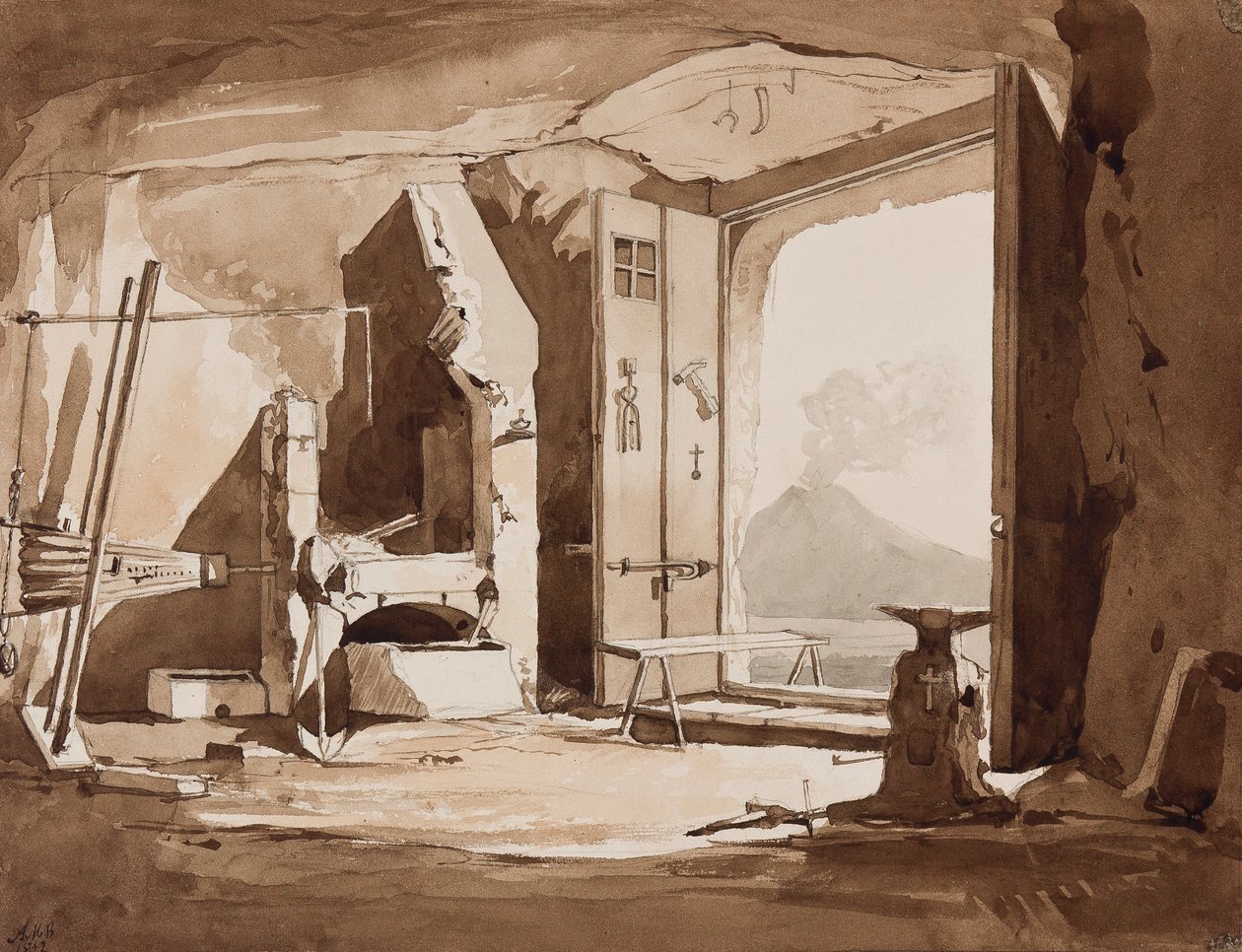 Bir demirhanenin içi, Prens Alfonso Maria di Borbone (1841-1934), 1852 (kağıt üzerinde kurşun kalem ve sepya yıkamalar) tarafından yapılan eklemelerle by Achille Vianelli