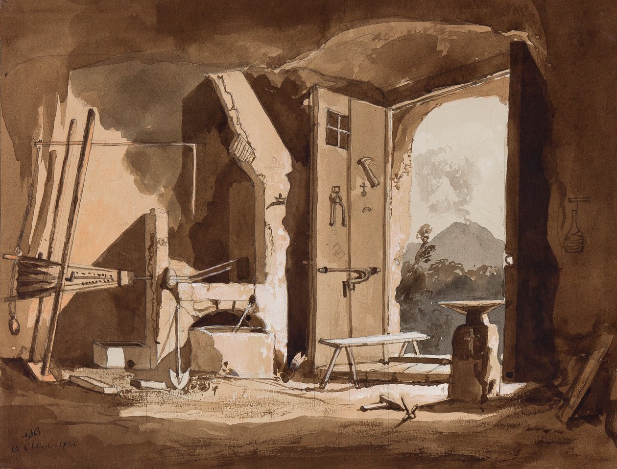 Bir demirhanenin içi, Prens Gaetano Maria Federico di Borbone (1846-1871), 1854 (kağıt üzerinde kurşun kalem ve sepya yıkamalar) tarafından yapılan eklemelerle by Achille Vianelli