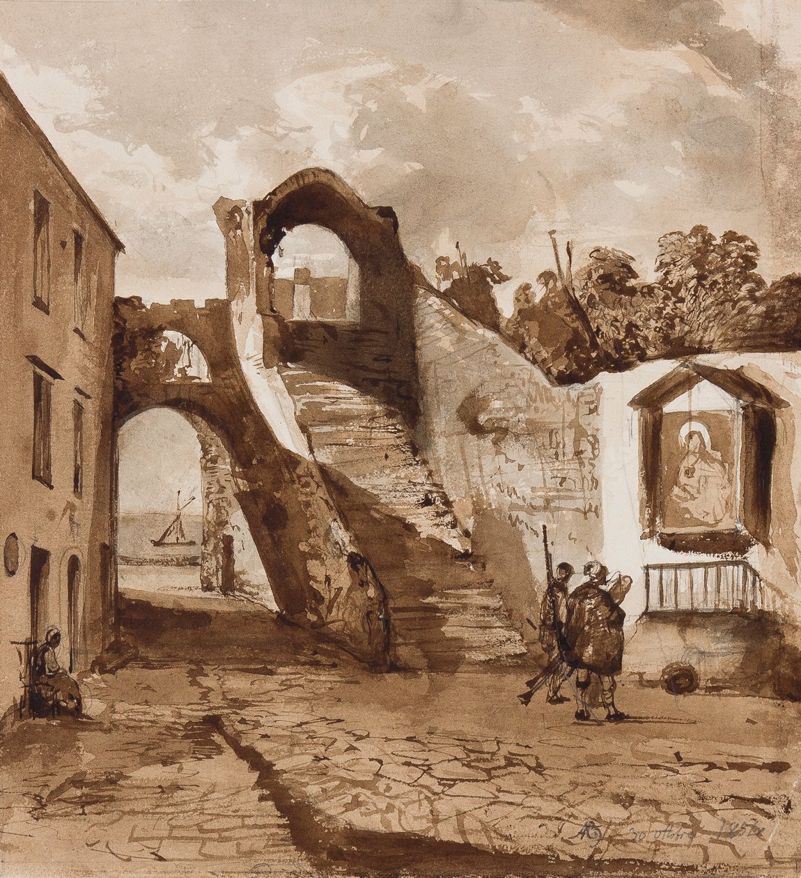 Bir Napoli köyünün duvarlarında, Prens Alfonso Maria di Borbone (1841-1934) tarafından yapılan eklemelerle tapınak, 30 Ekim 1854 (kağıt üzerinde kurşun kalem ve sepya yıkamalar) by Achille Vianelli