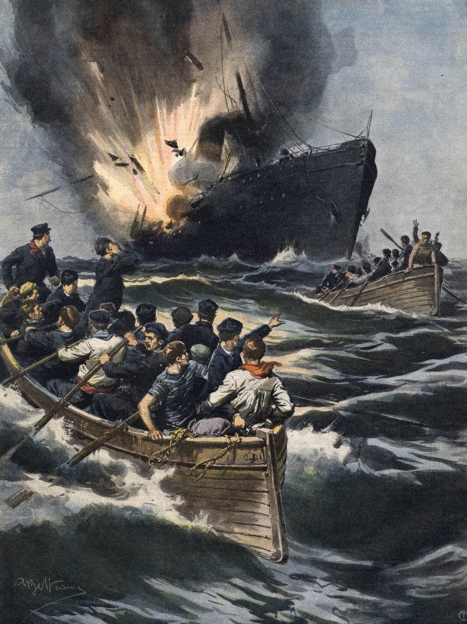 Sicilya ile Tunus kıyıları arasında bir Alman vapuru patladı. Mürettebatın teknelerde uzaklaşmak için zamanı vardı. Hasta de Beltrame. La Domenica del Corriere. 06/1909. by Achille Beltrame