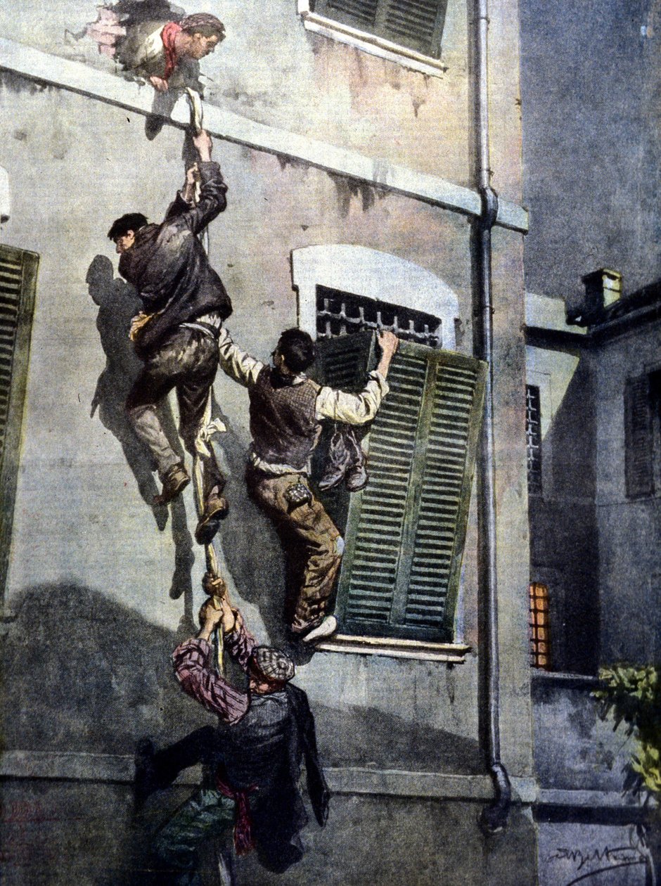 Duvarı kırdıktan sonra Asti hapishanesinden dört mahkumun cesur bir kaçışı. Beltrame tarafından çizim. La Domenica del Corriere. 1902 by Achille Beltrame