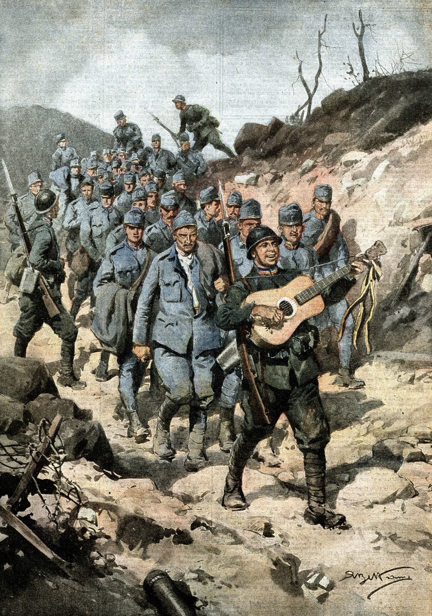 Mutlu bir kahraman. Bir mağarada kırk Avusturyalı ve bir gitarı ele geçirdikten sonra Er Buoncompagni, şarkı söyleyen mahkum grubunun başında yürüdü. Hasta de Beltrame. La Domenica del Corriere. 10/1917 by Achille Beltrame
