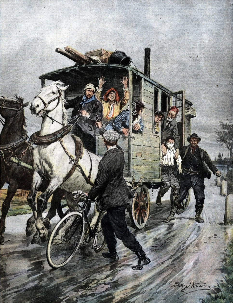 Milano bölgesindeki Cernusco sul Naviglio yakınlarında genç bir çocuk bir grup çingene tarafından kaçırıldı. Hasta de Beltrame. La Domenica del Corriere. 09/1909. by Achille Beltrame