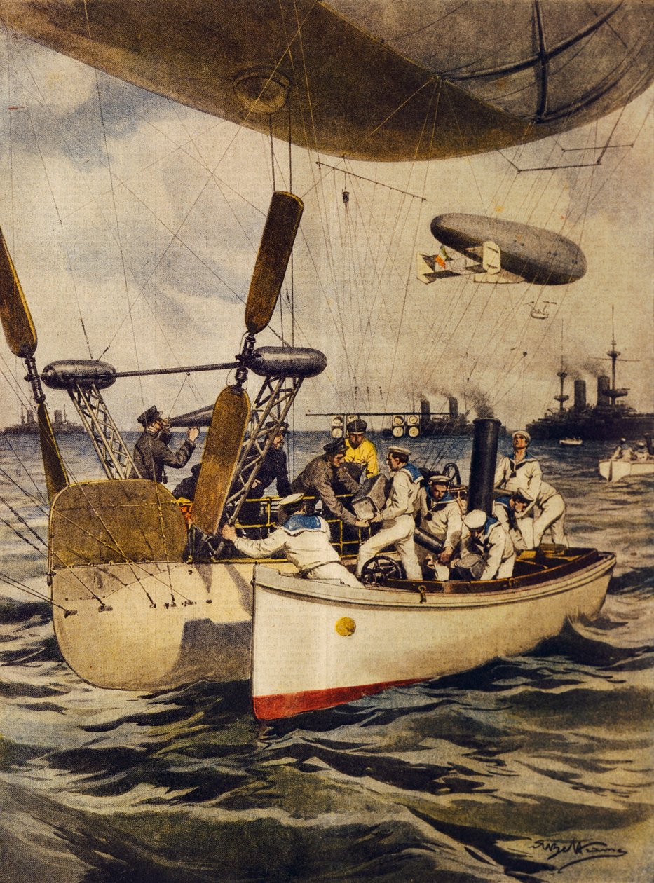 Yolculukları sırasında savaş gemilerine ikmal sağlayan hava gemileri, Achille Beltrame, illüstrasyon, Illustrator Achille Beltrame (1871-1945), La Domenica del Corriere