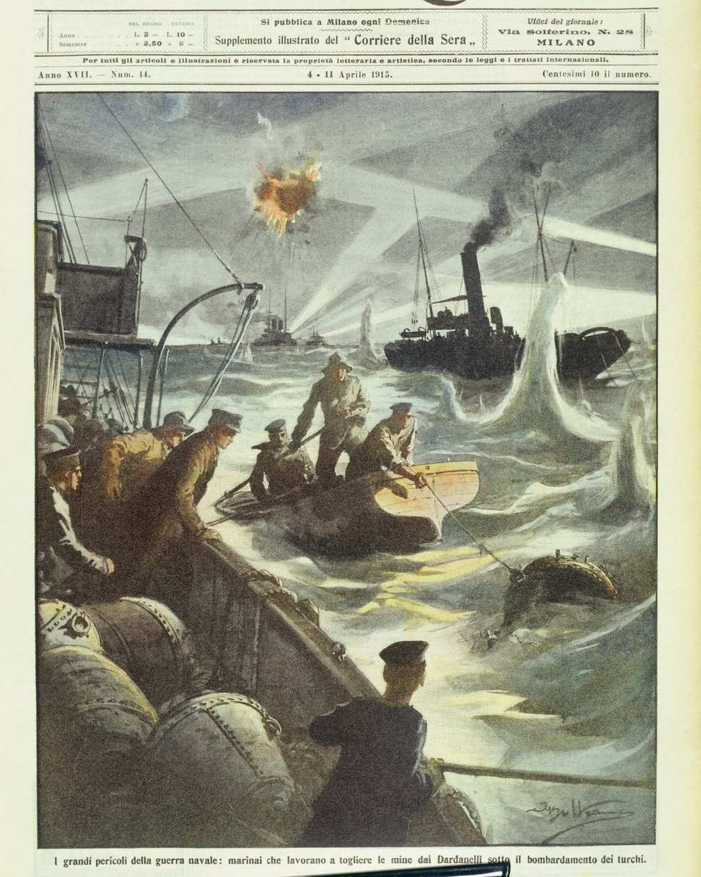 1914-1918 Birinci Dünya Savaşı sırasında Türk topçu ateşi altında mayınları etkisiz hale getirmeye çalışan Müttefik kuvvetler denizcileri (litografi) by Achille Beltrame