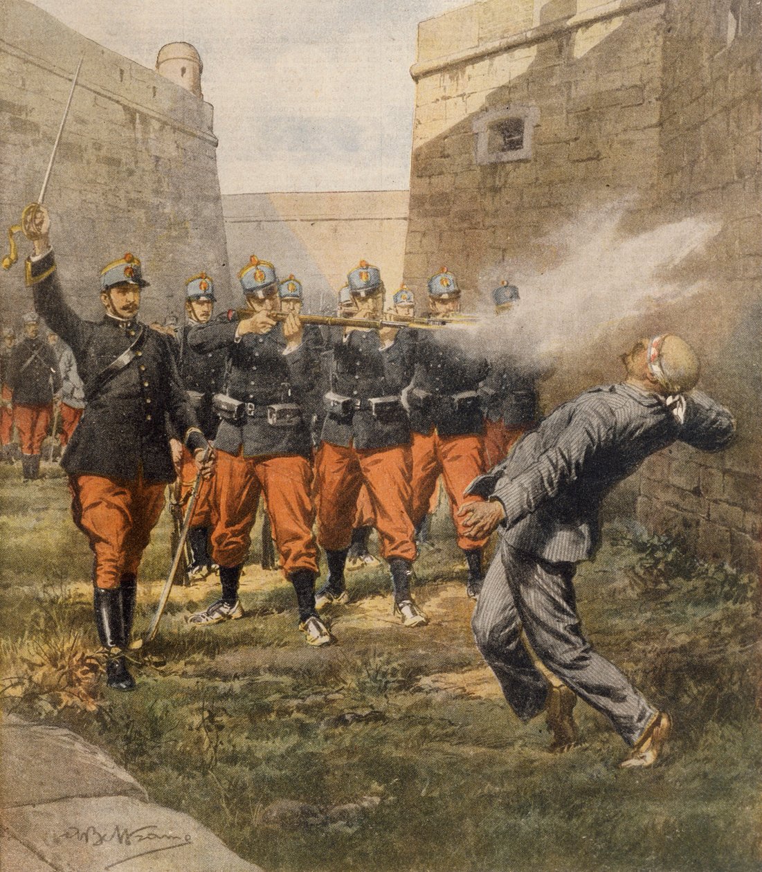 Anarşist Francesco Ferrer'in Barselona hapishanesinde kurşuna dizilerek ölümü, Achille Beltrame tarafından, illüstrasyon, Illustrator Achille Beltrame (1871-1945), La Domenica del Corriere'den, Ekim 1909 by Achille Beltrame
